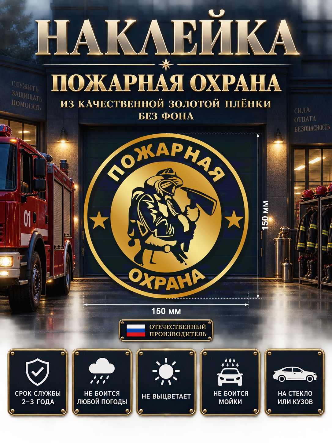 Наклейка «Пожарная охрана» — золотой, 150×150 мм