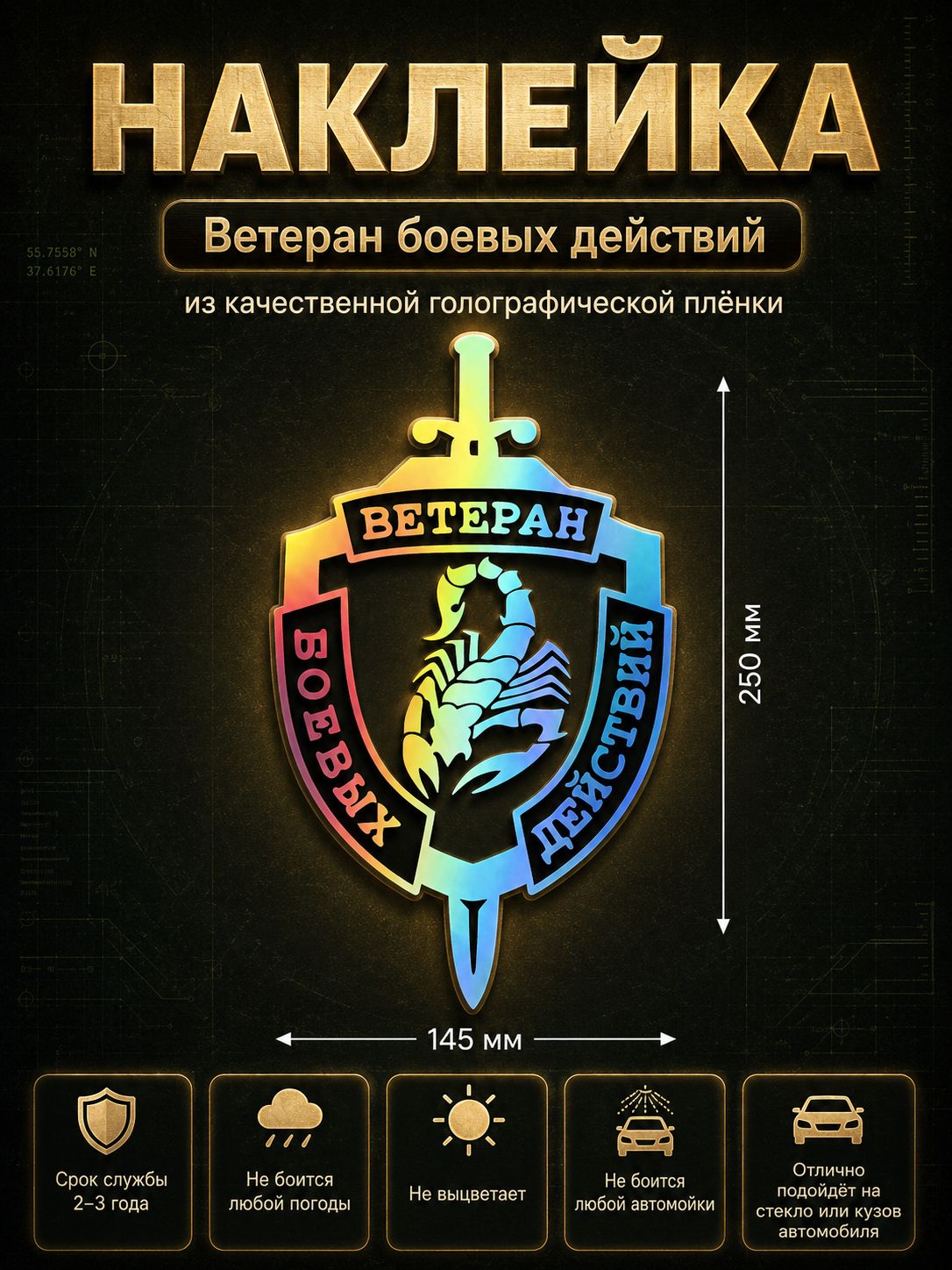Наклейка «Ветеран боевых действий» — голография, 146×250 мм